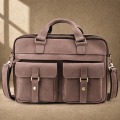 Khaki business briefcase with removable shoulder strap, front view