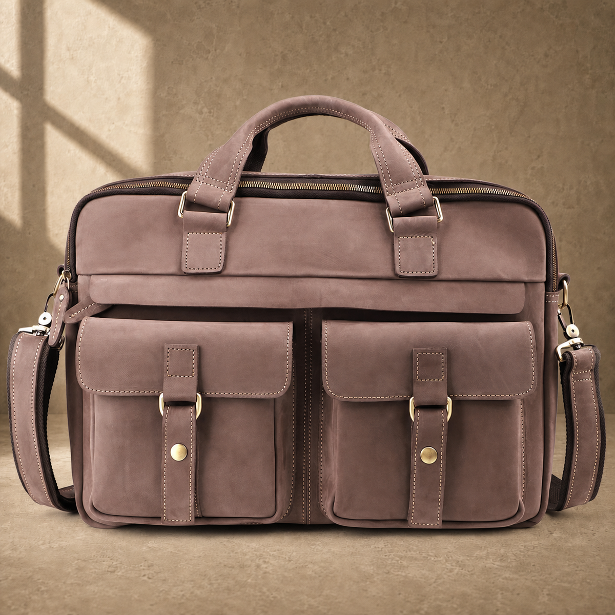 Khaki business briefcase with removable shoulder strap, front view