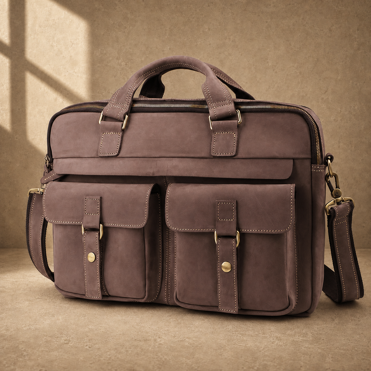 Khaki business briefcase with shoulder strap, angled view