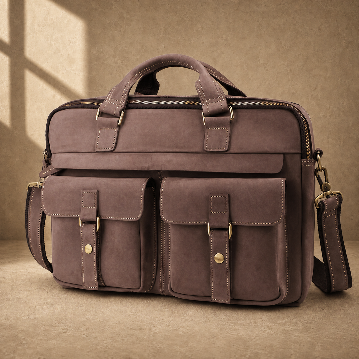 Khaki business briefcase with shoulder strap, angled view