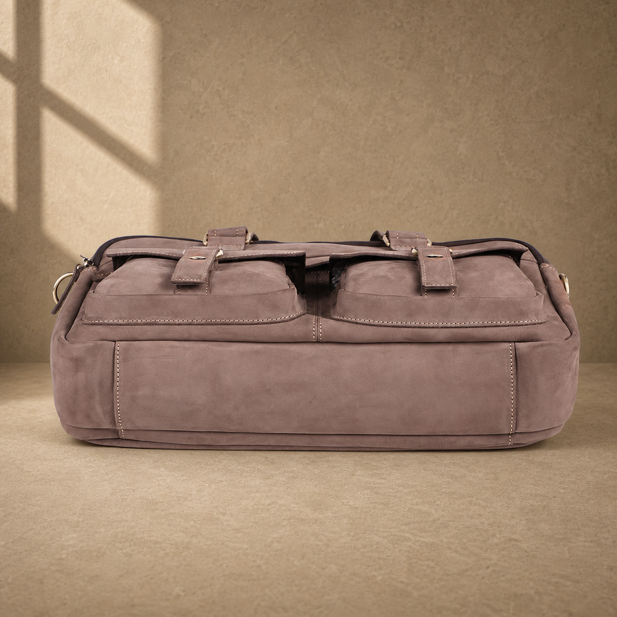 Khaki dual pocket business briefcase, bottom view