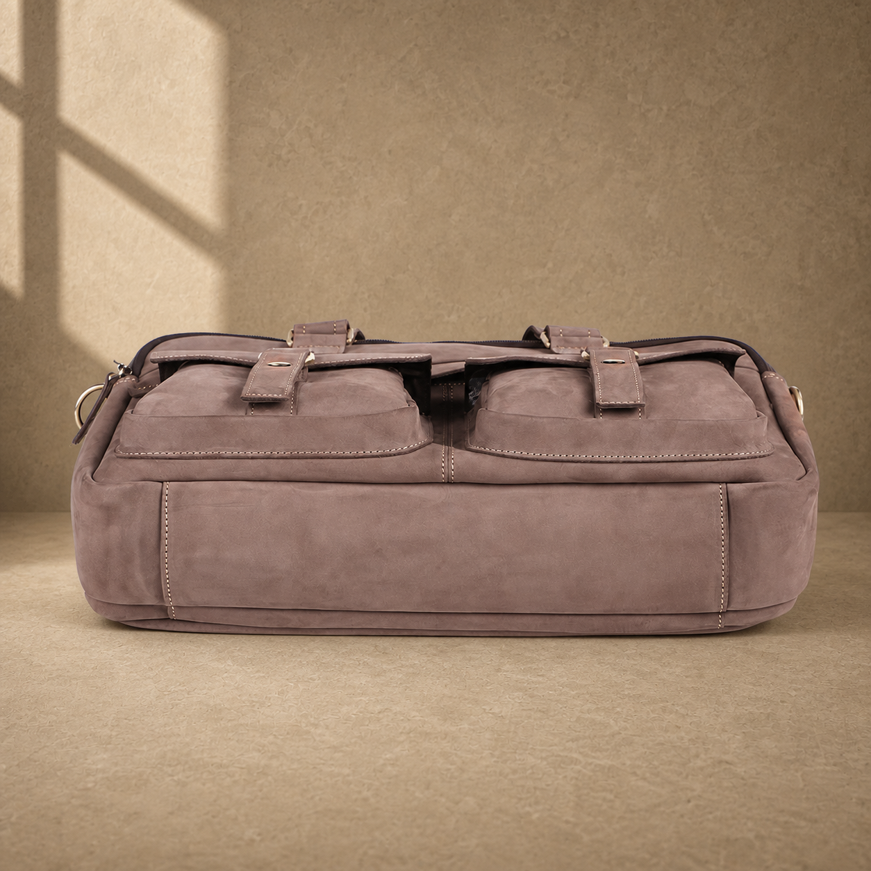 Khaki dual pocket business briefcase, bottom view