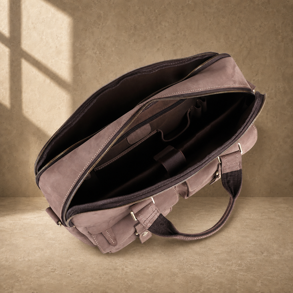 Khaki business briefcase showing empty dual compartment interior