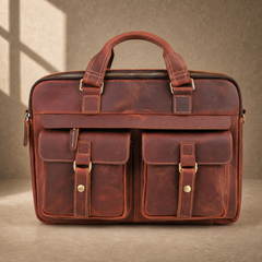 Reddish brown leather work briefcase, straight front view