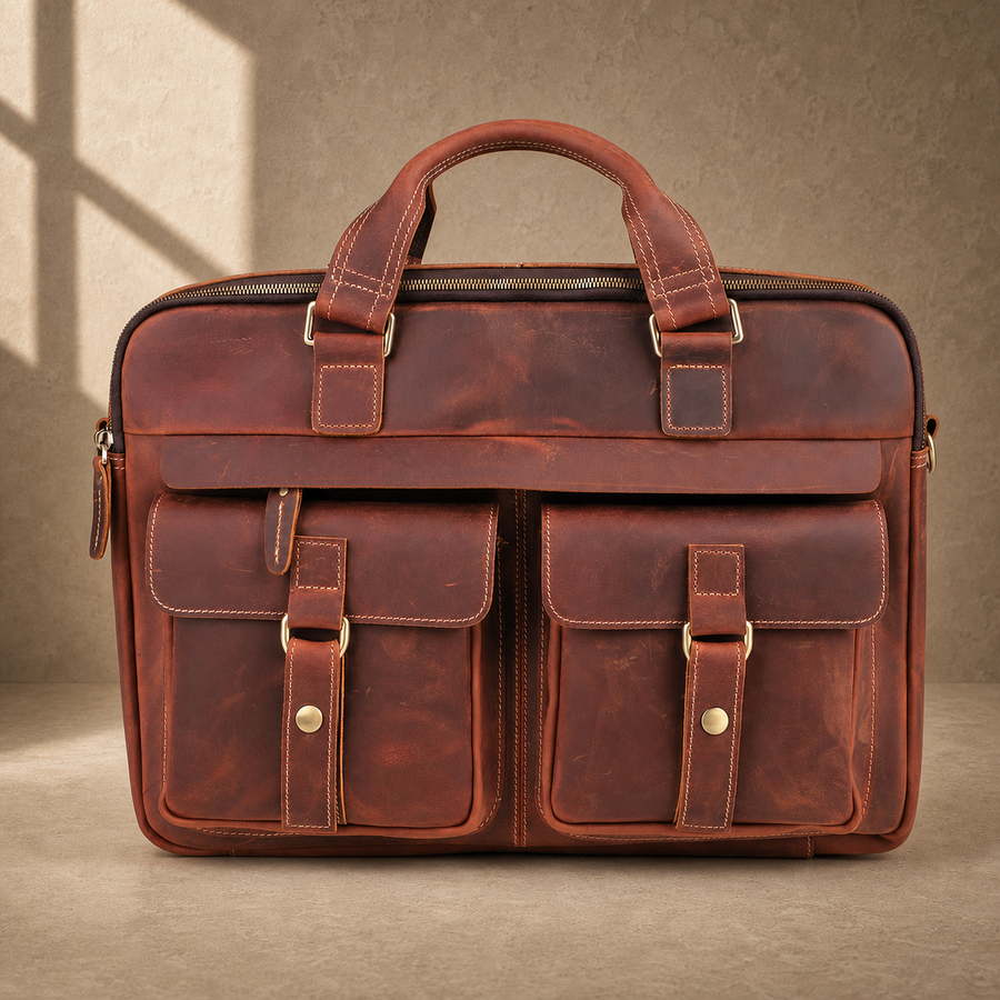Reddish brown leather work briefcase, straight front view