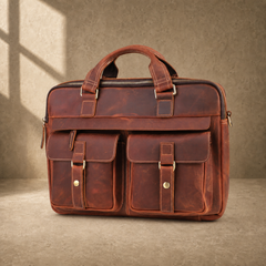 Reddish brown leather work briefcase, three-quarter front view