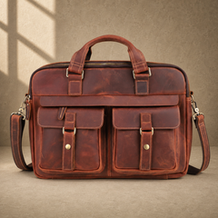Reddish brown leather work briefcase with shoulder strap, front view