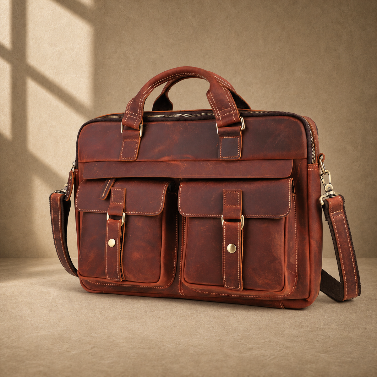 Reddish brown leather work briefcase with shoulder strap, angled view