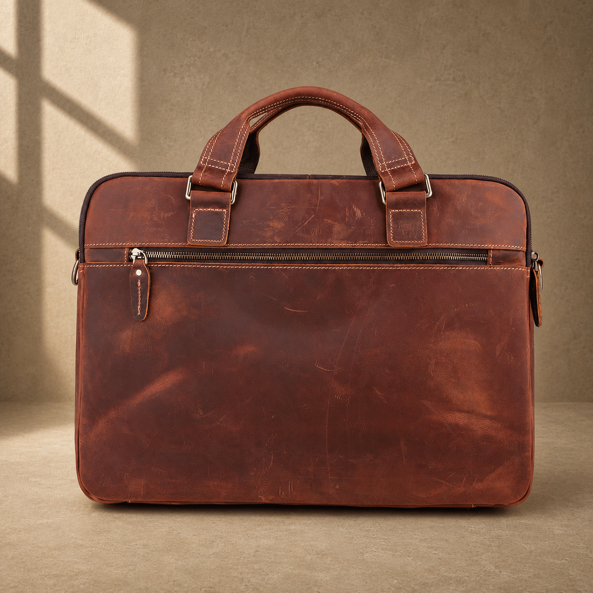 Reddish brown leather work briefcase, rear zipper view