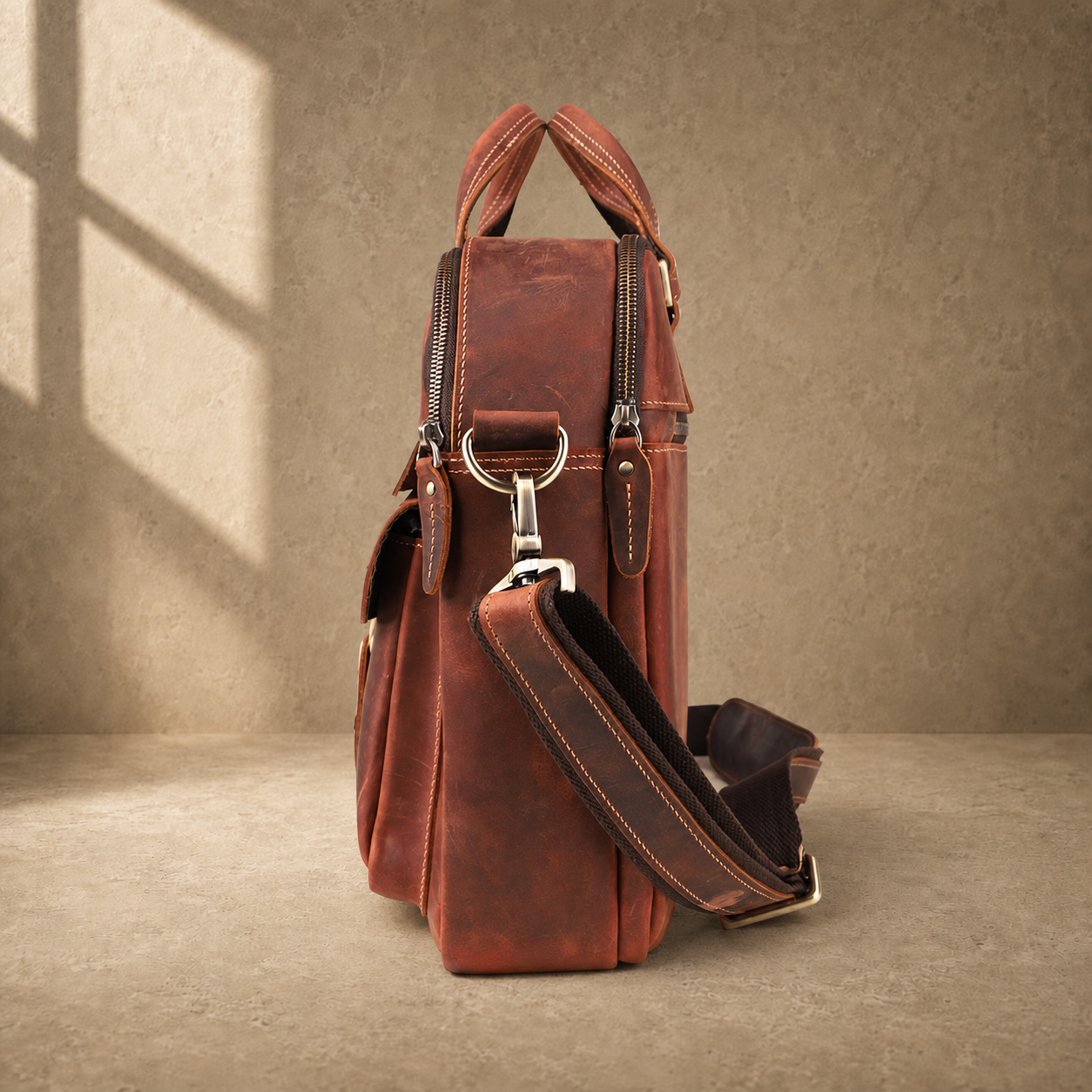 Reddish brown leather work briefcase, side profile with strap