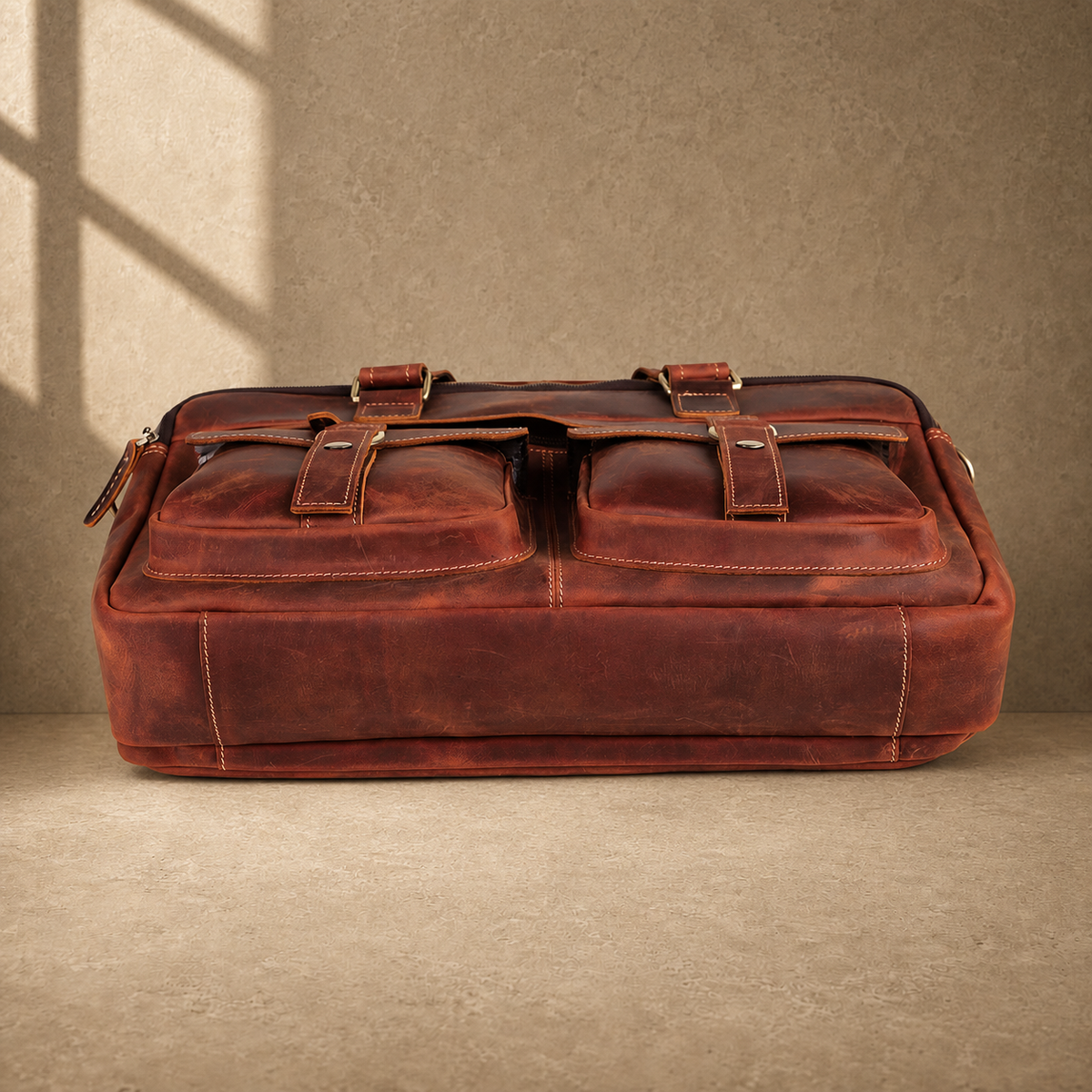 Reddish brown leather work briefcase, reinforced base view