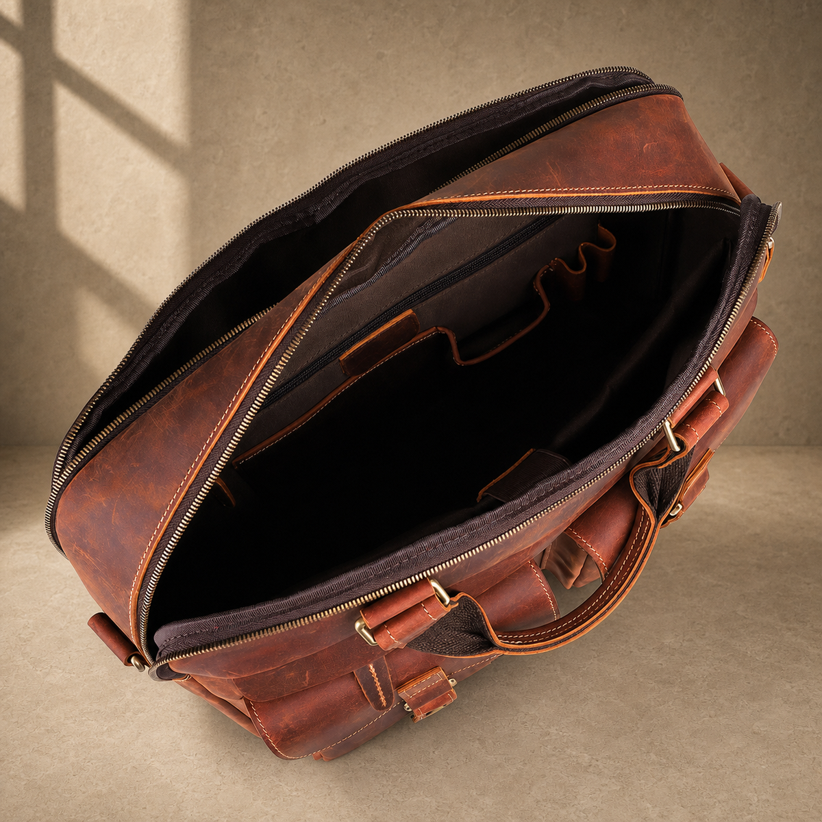 Reddish brown leather work briefcase, open empty compartments