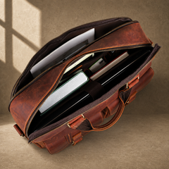 Reddish brown leather work briefcase, packed interior capacity