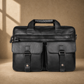 Black leather multi pocket briefcase, straight front view