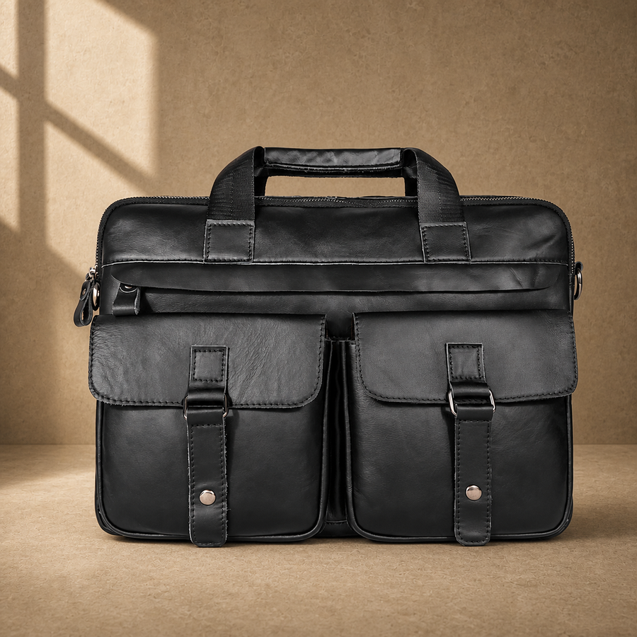 Black leather multi pocket briefcase, straight front view