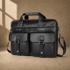 Black leather multi pocket briefcase with shoulder strap, angled front view