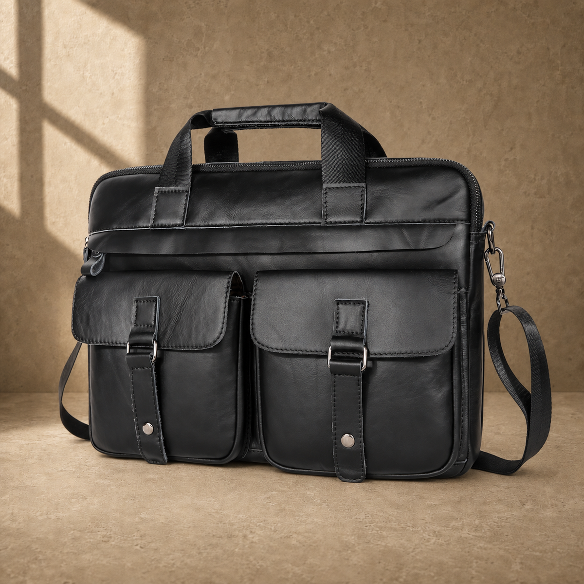 Black leather multi pocket briefcase with shoulder strap, angled front view