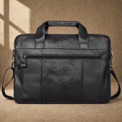 Black leather multi pocket briefcase, rear zipper view
