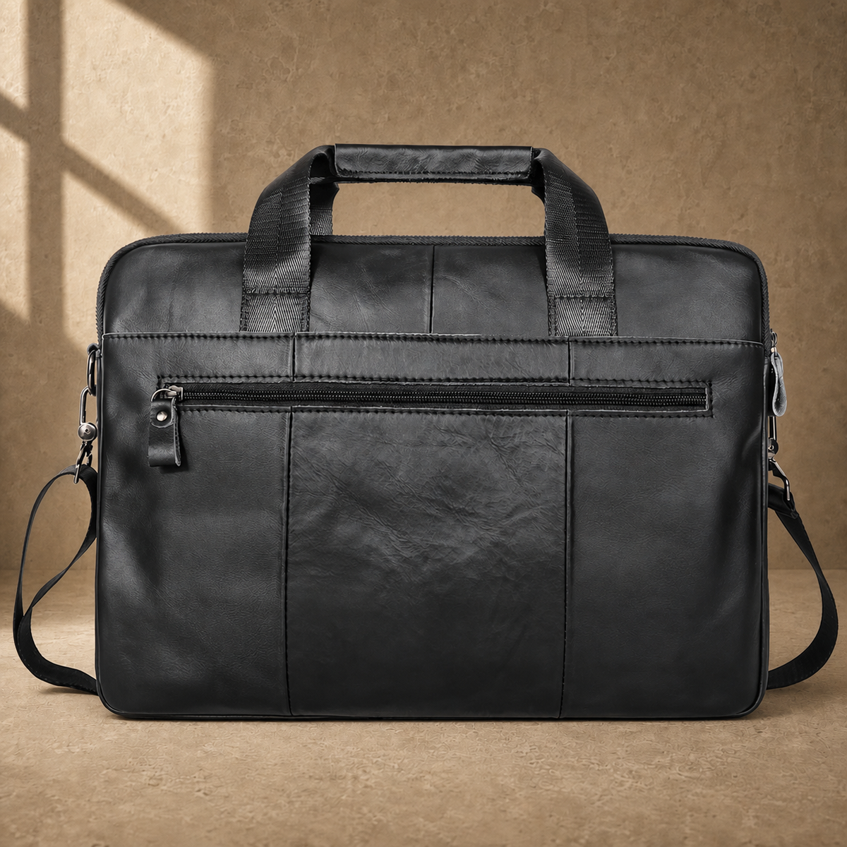 Black leather multi pocket briefcase, rear zipper view
