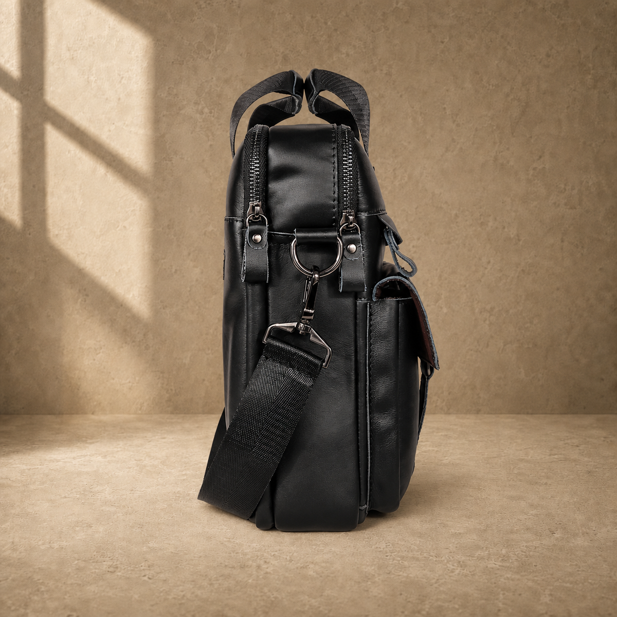 Black leather multi pocket briefcase, side profile with strap