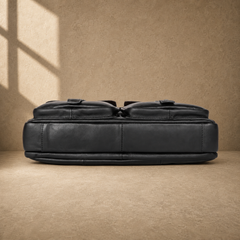 Black leather multi pocket briefcase, reinforced base view