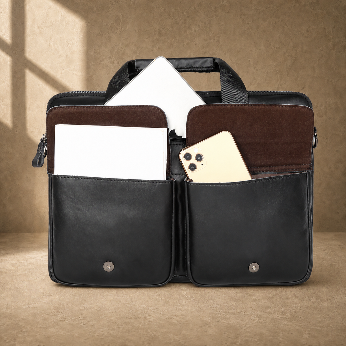 Black leather multi pocket briefcase, open front organizer pockets