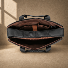 Black leather multi pocket briefcase, open empty compartments