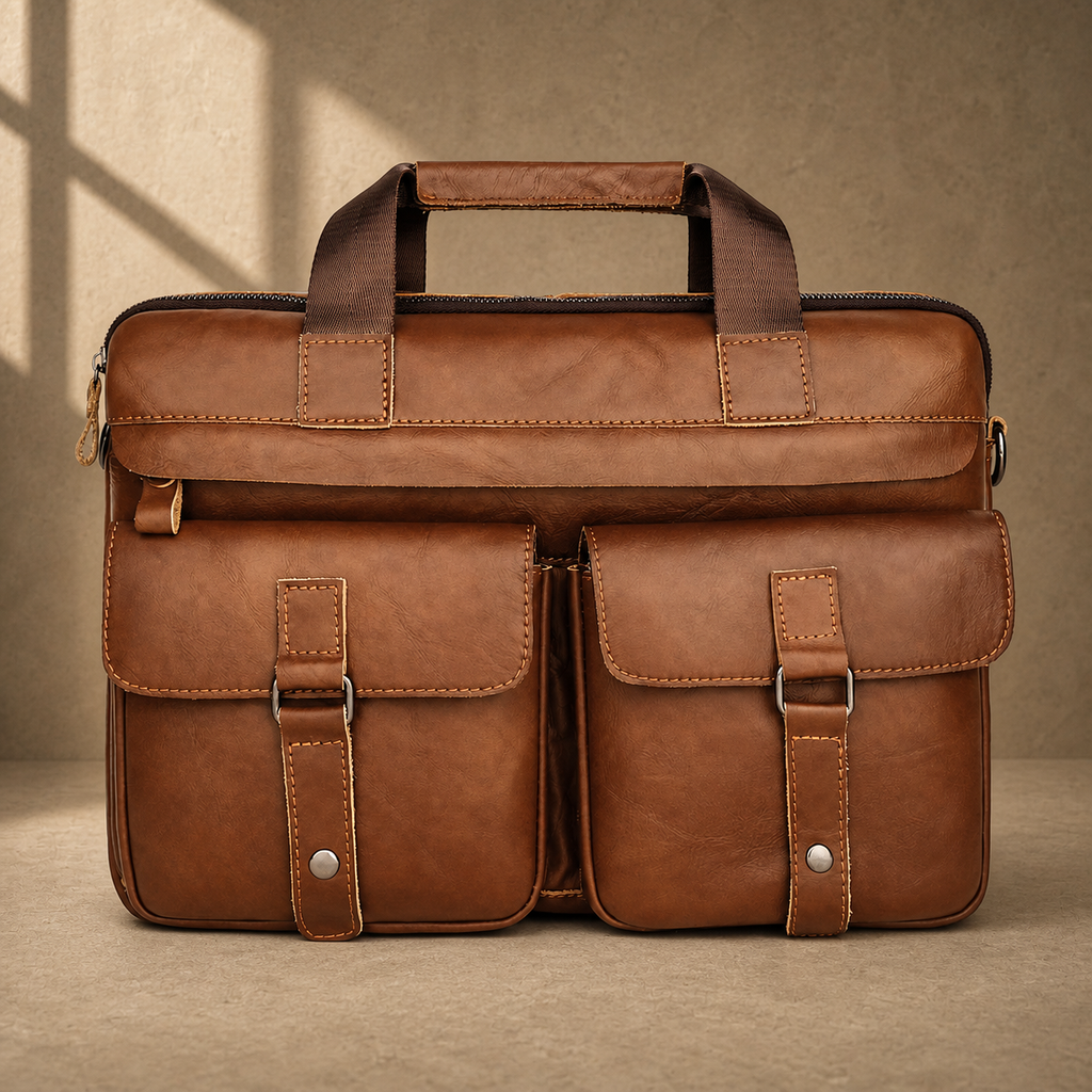 Brown multi-pocket leather briefcase, front view