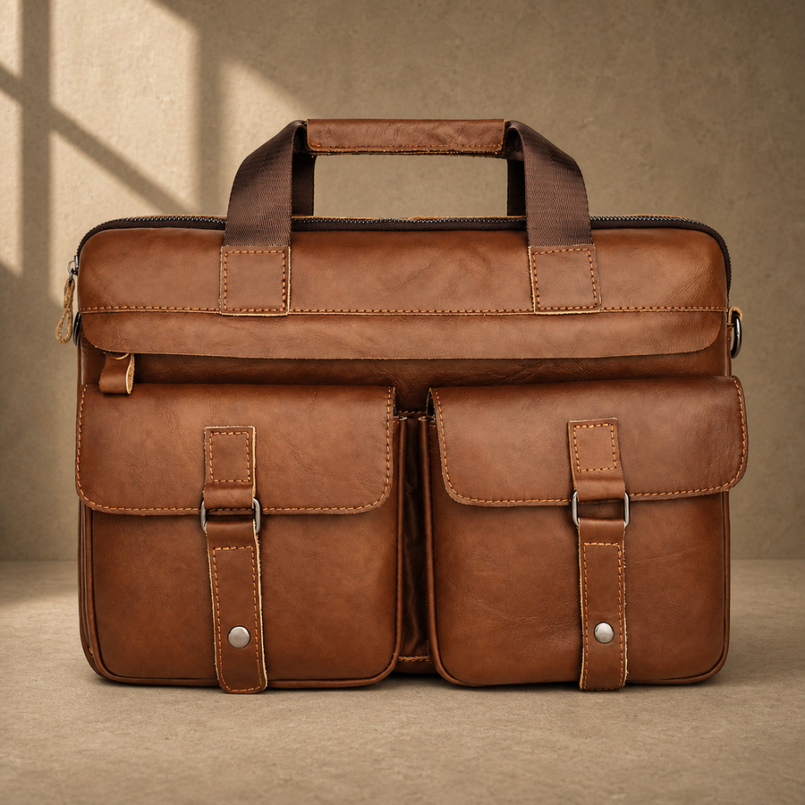 Brown multi-pocket leather briefcase, front view