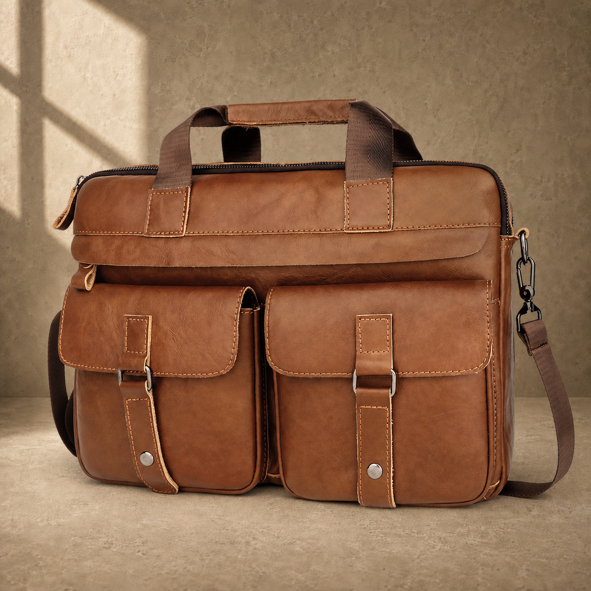 Brown multi-pocket leather briefcase with shoulder strap, three-quarter view