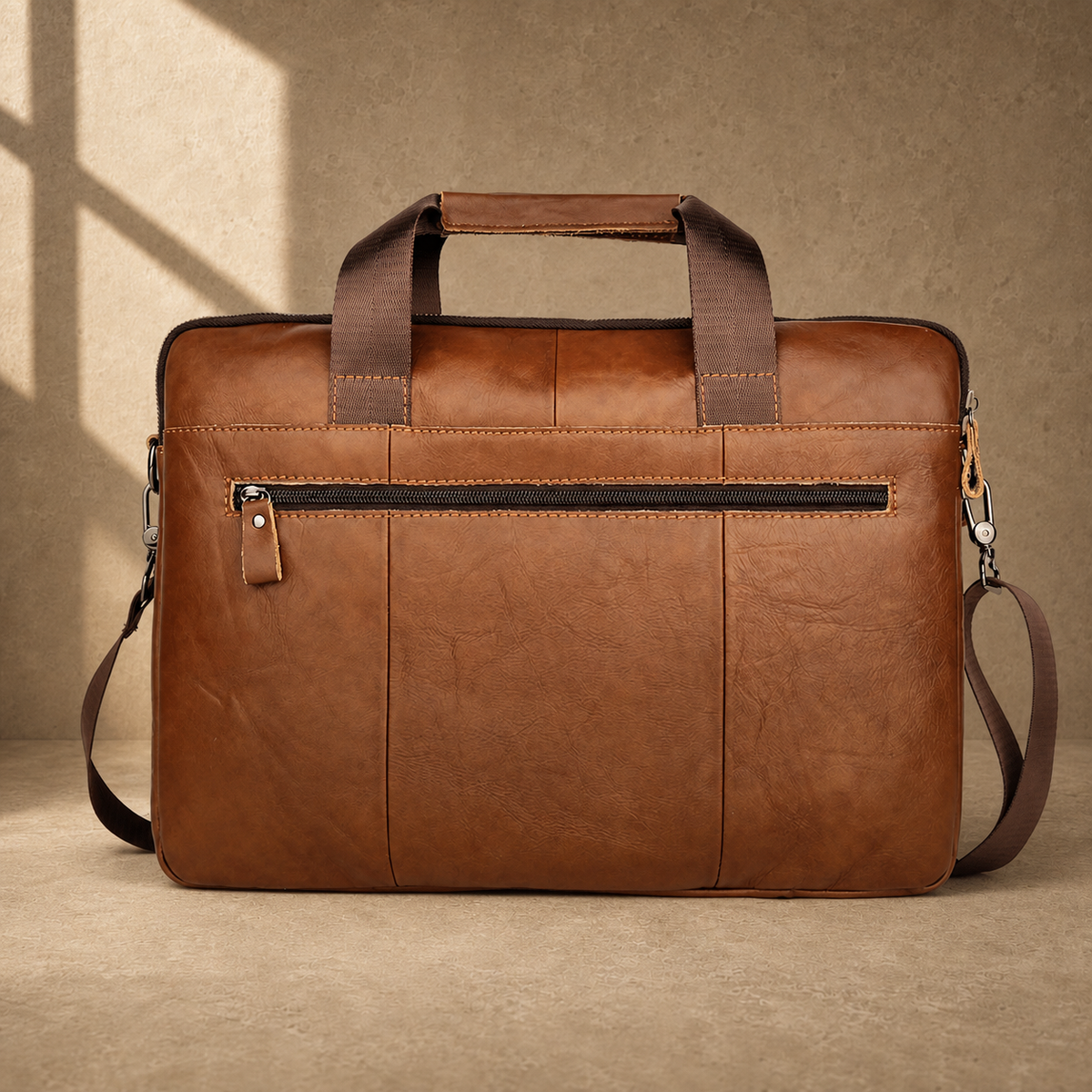 Brown multi-pocket leather briefcase with rear zipper pocket