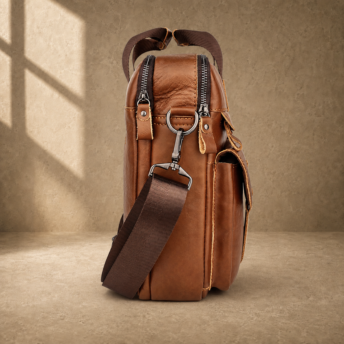 Brown multi-pocket leather briefcase, side profile