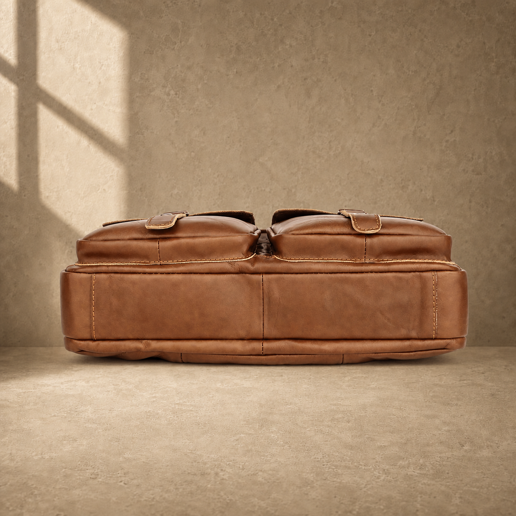 Brown multi-pocket leather briefcase, reinforced base view