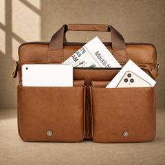 Brown multi-pocket leather briefcase with front pockets open