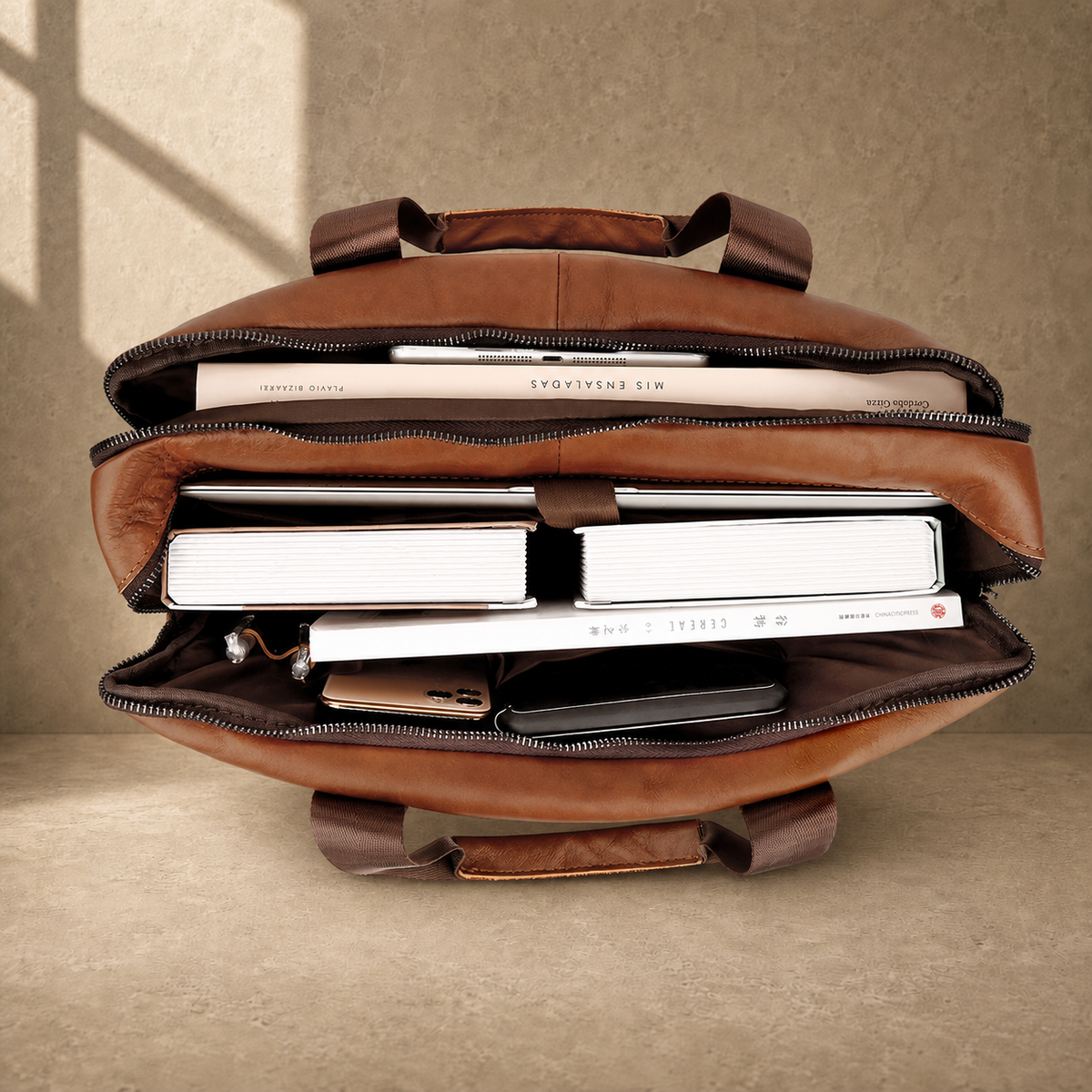 Brown multi-pocket leather briefcase showing packed capacity