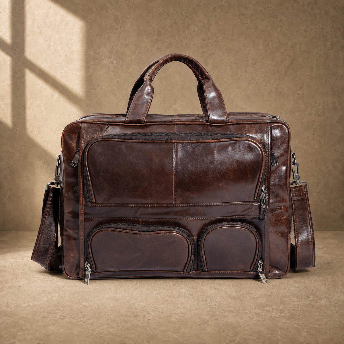 Brown cowhide multi-pocket briefcase front view