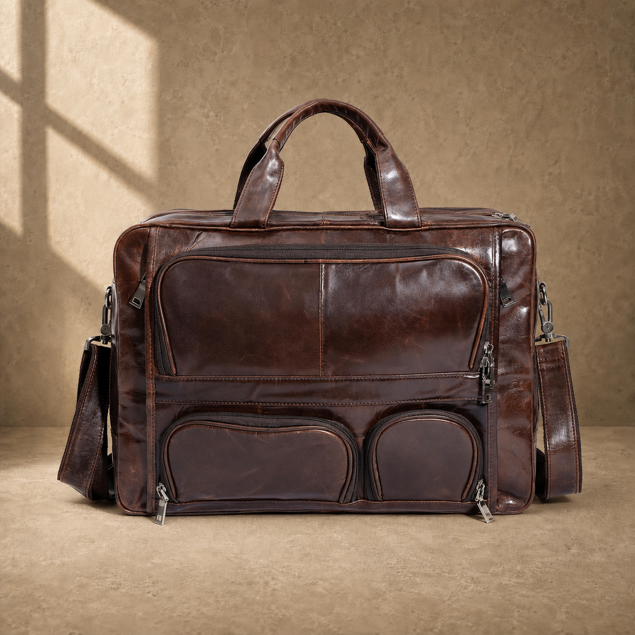 Brown cowhide multi-pocket briefcase front view