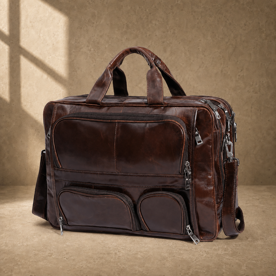 Brown cowhide multi-pocket briefcase three-quarter hero view