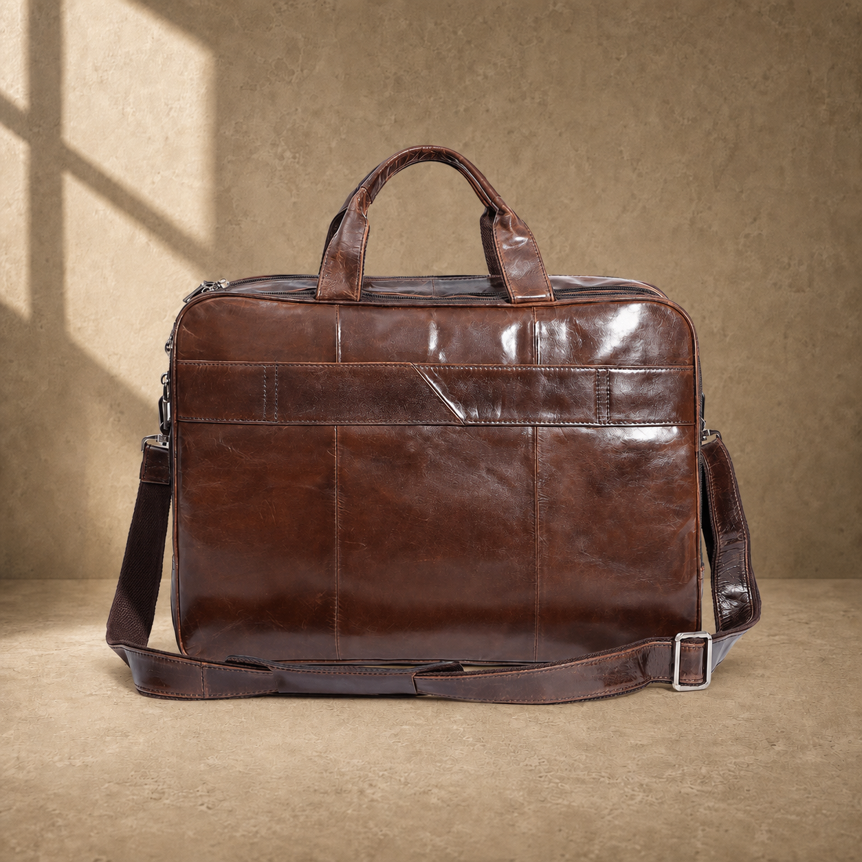 Brown cowhide multi-pocket briefcase rear luggage strap view