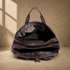 Brown cowhide multi-pocket briefcase empty interior view