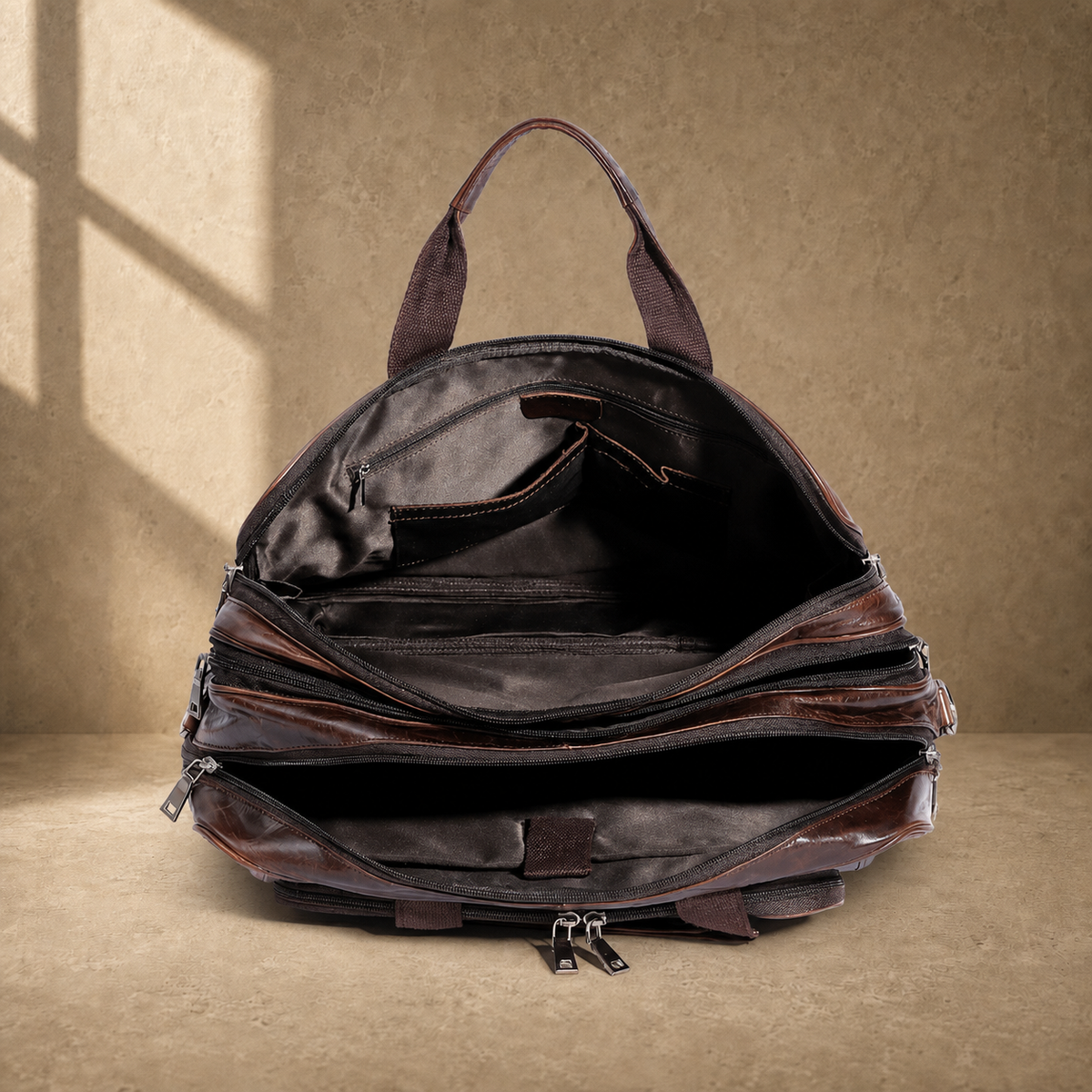Brown cowhide multi-pocket briefcase empty interior view