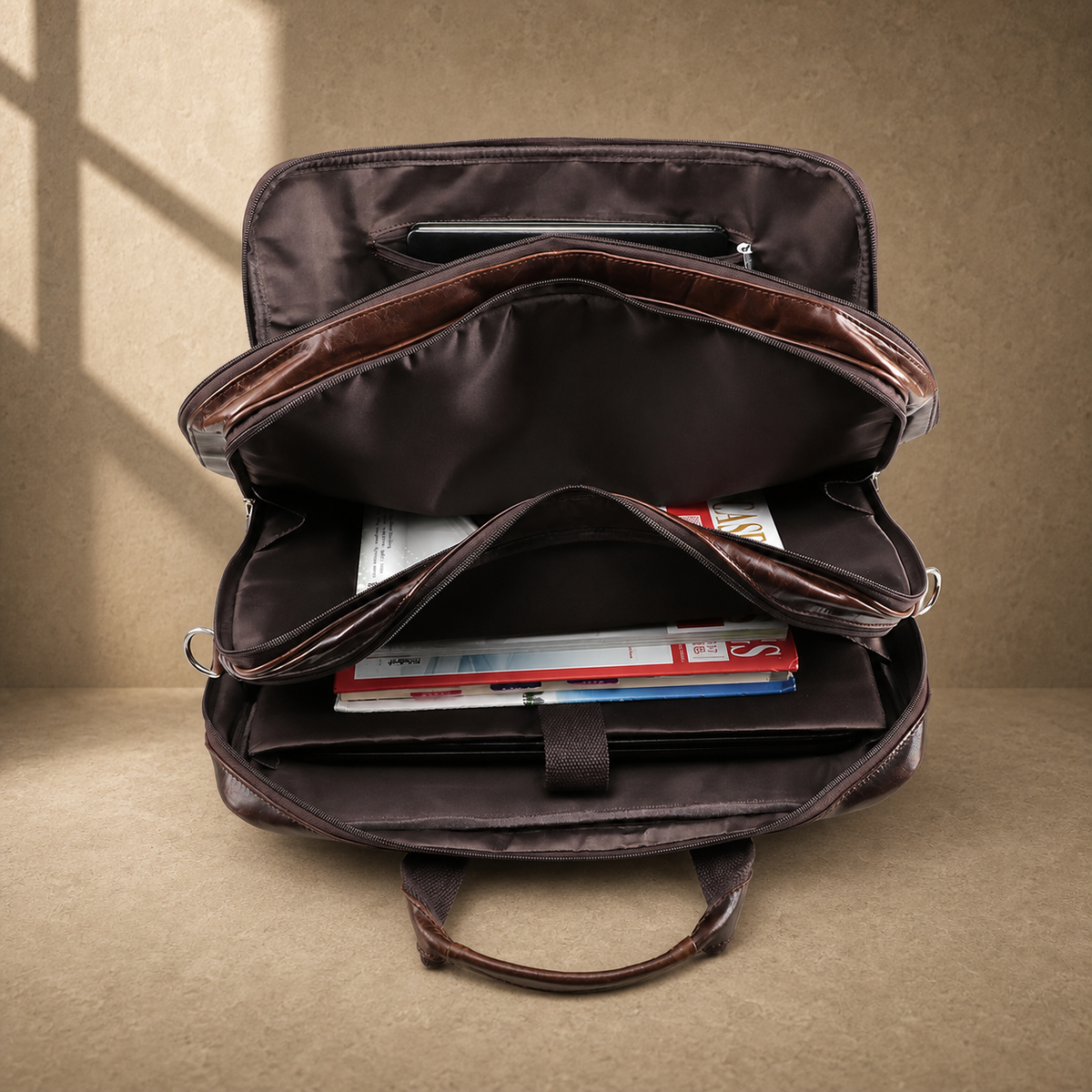 Brown cowhide multi-pocket briefcase packed organization view