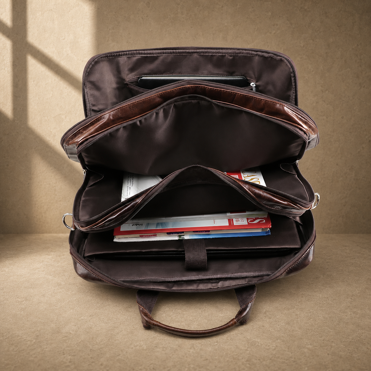Brown cowhide multi-pocket briefcase packed organization view