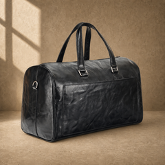 Black textured refined travel duffel, three-quarter front view