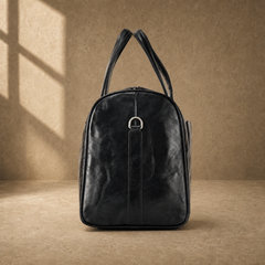 Black textured refined travel duffel, side profile