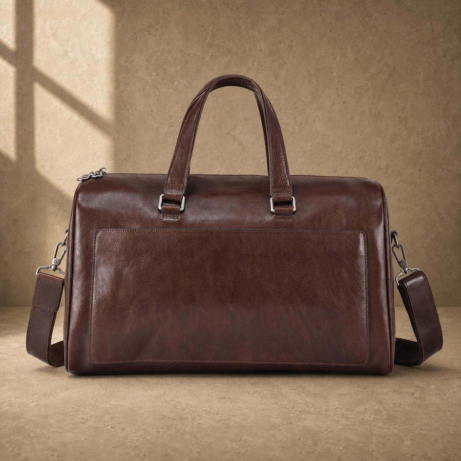 Coffee-brown executive travel duffel with removable shoulder strap, front view