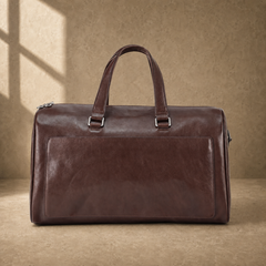 Coffee-brown executive travel duffel without shoulder strap, front view