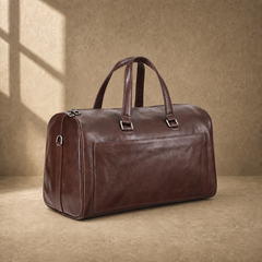 Coffee-brown executive travel duffel, three-quarter front view