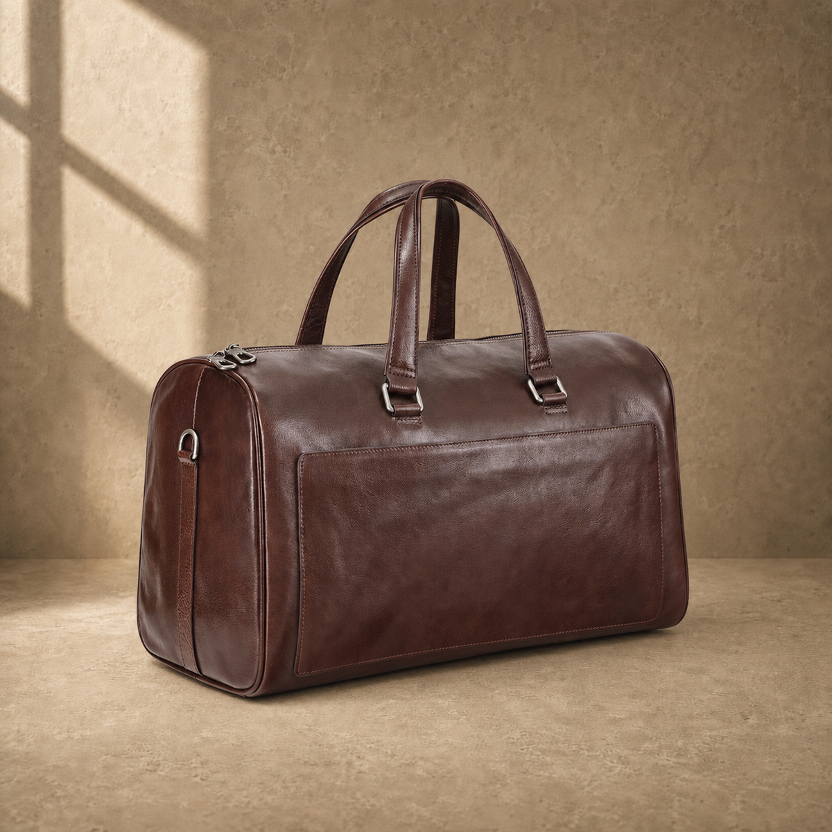 Coffee-brown executive travel duffel, three-quarter front view