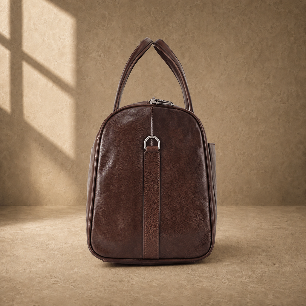 Coffee-brown executive travel duffel, side profile